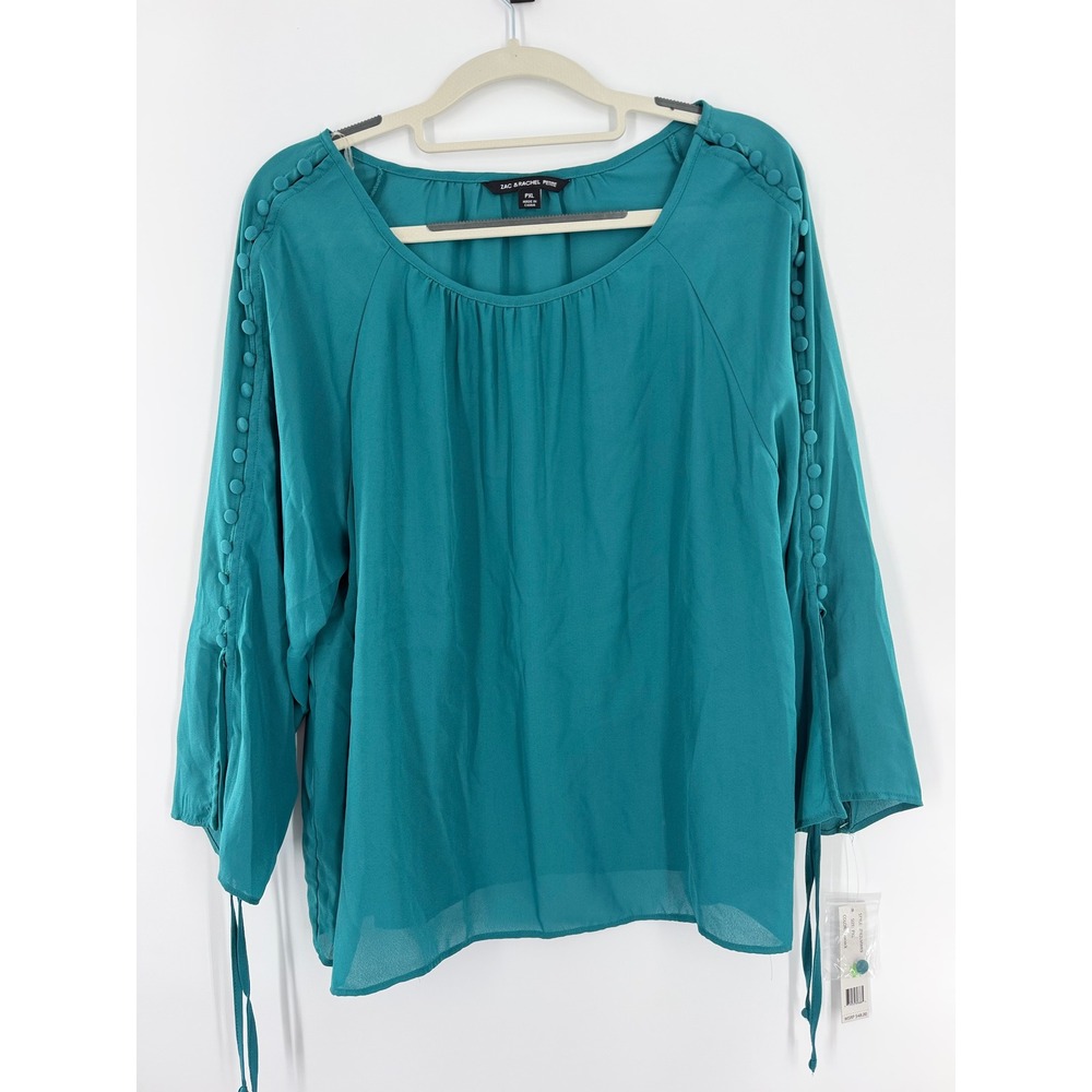 Zac & Rachel Petite Peacock Teal Button Sleeve Tie Blouse PXL JT82LMWK9
